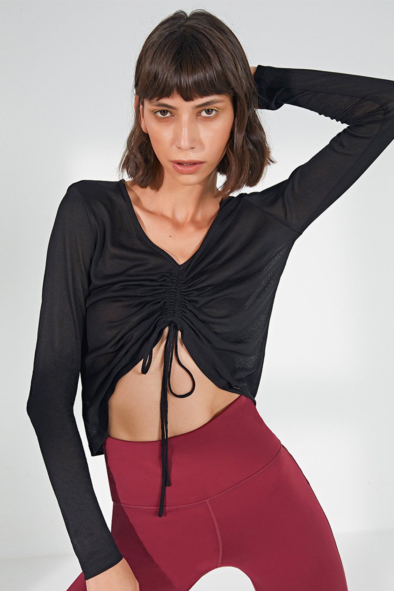 Drawstring Rushed Long Sleeve Top