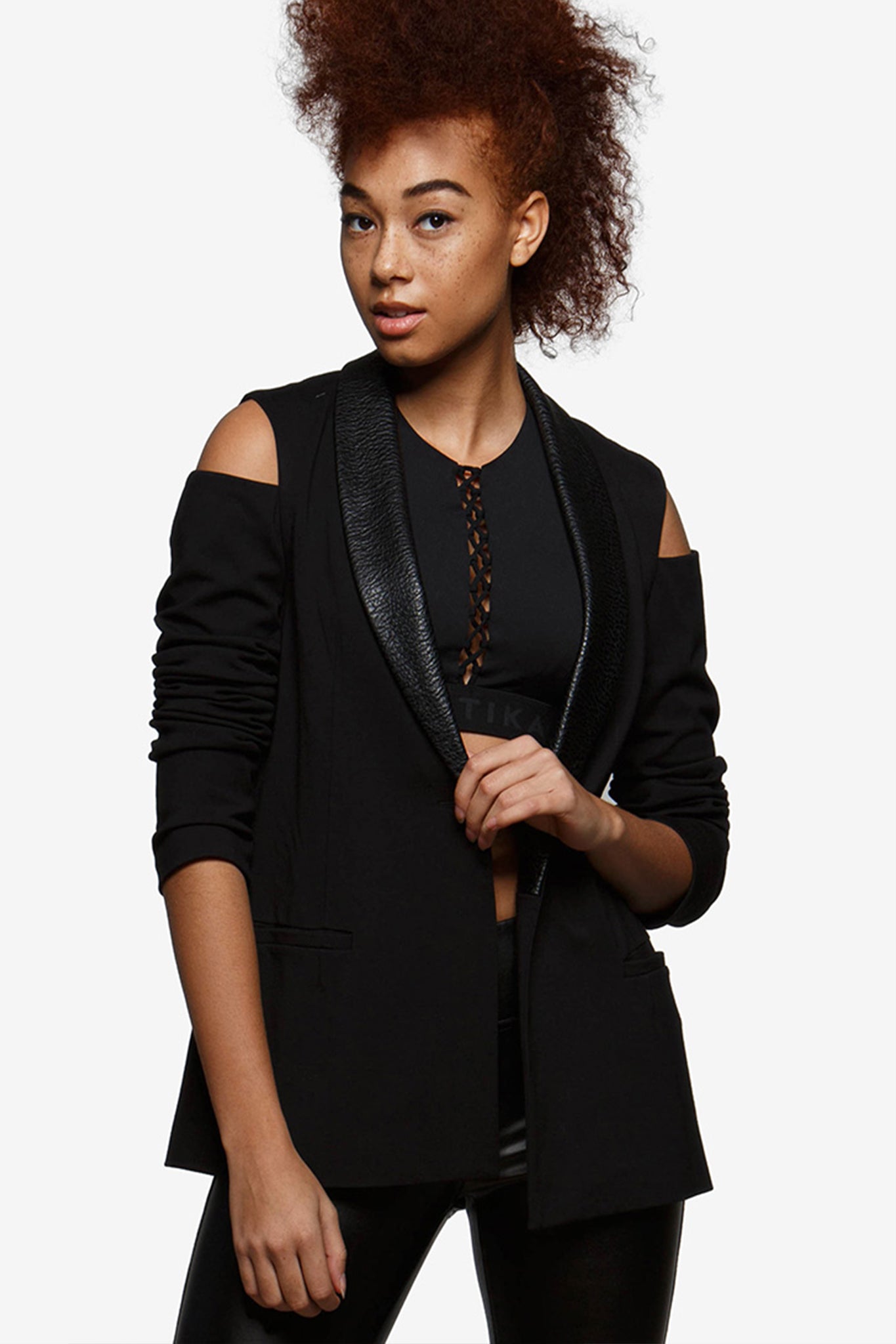 Ponte Cutout Vegan Leather Blazer